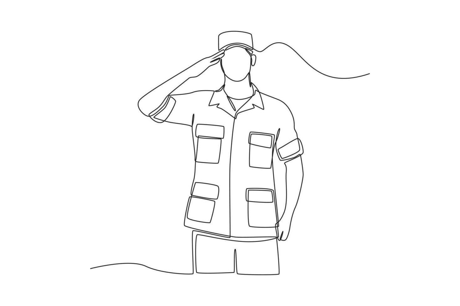 un dibujo de línea continua de soldado masculino en uniforme saludando. concepto del día de los veteranos. ilustración gráfica vectorial de diseño de dibujo de una sola línea. vector