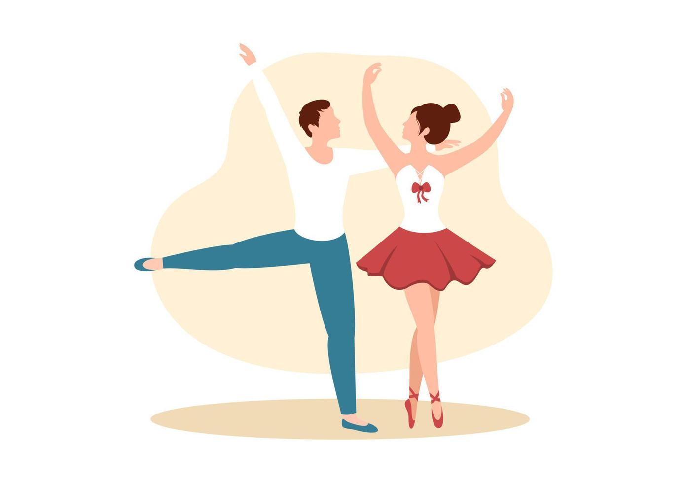 plantilla de ballet dibujado a mano dibujos animados ilustración plana pareja bailarina bailando vistiendo trajes de tutú en el diseño del escenario vector