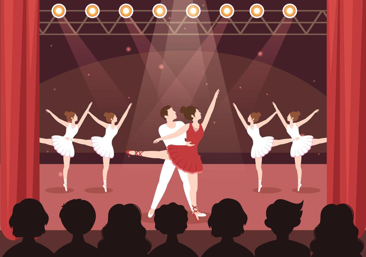 plantilla de ballet dibujado a mano dibujos animados ilustración plana pareja bailarina bailando vistiendo trajes de tutú en el diseño del escenario vector