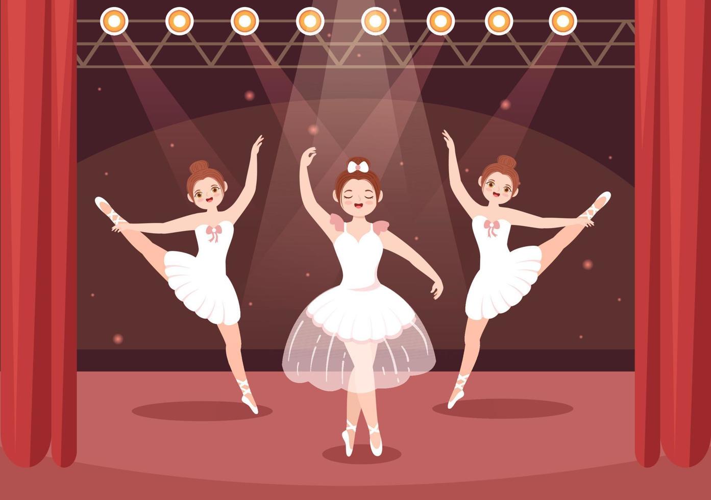 plantilla de ballet dibujado a mano dibujos animados ilustración plana hembra hermosa bailarina bailando vistiendo trajes de tutú en el diseño del escenario vector