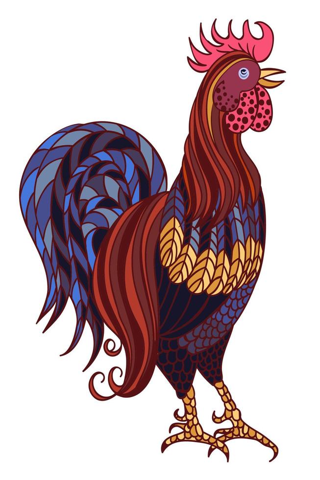 Decorative stylized hand-drawn rooster isolated on white background. Symbol of Chinese New Year 2017 vector