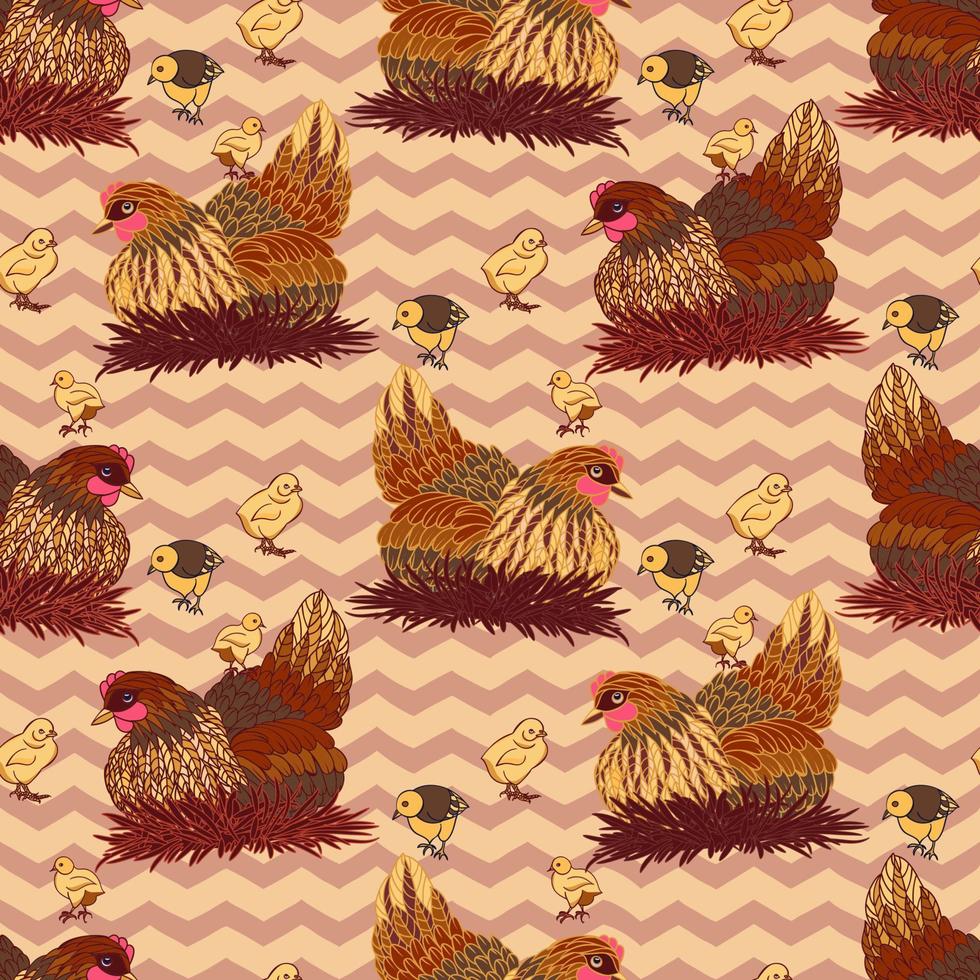 Seamless background with hand drawn rooster, hens and chickens vector