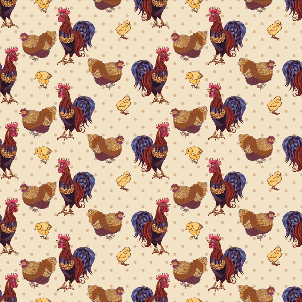 Seamless background with hand drawn rooster, hens and chickens vector