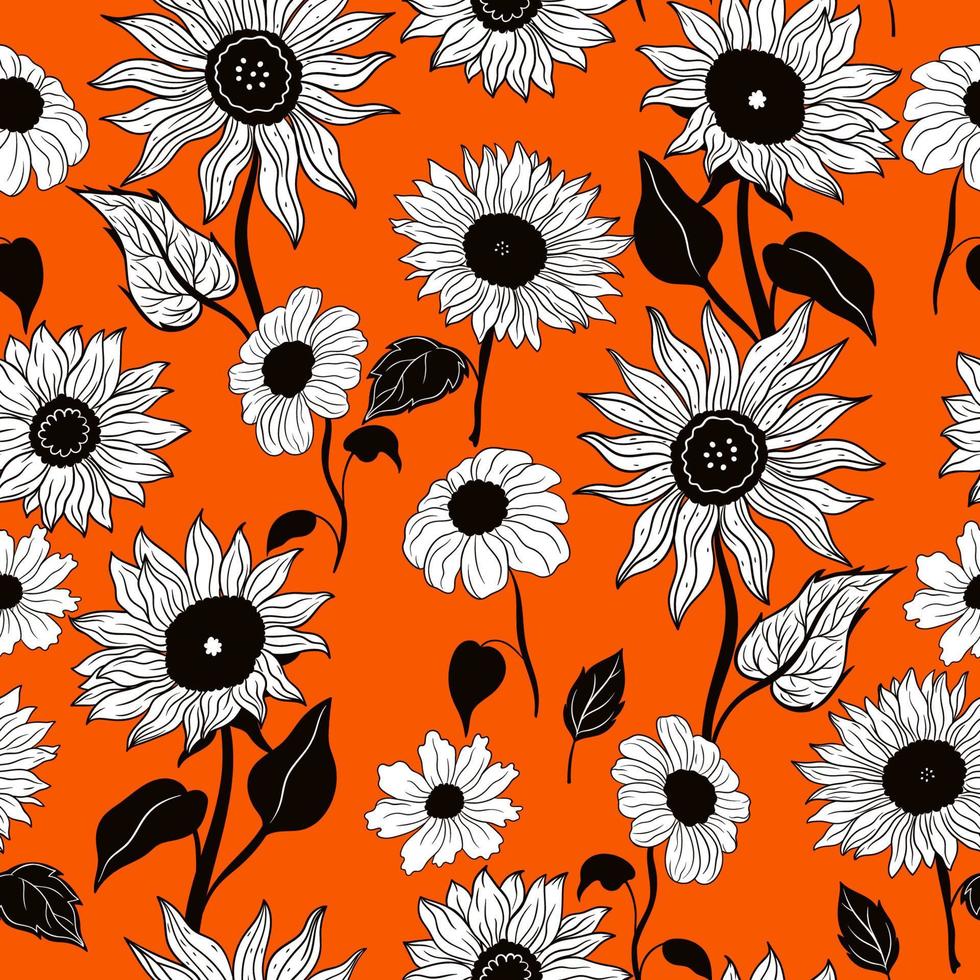 Seamless pattern with sunflowers on an orange background. Vector graphics.