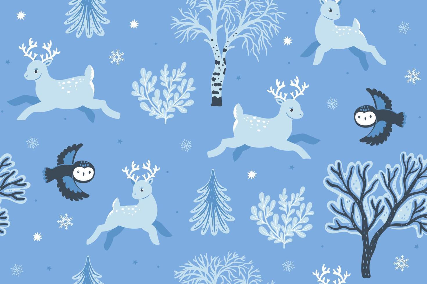 Winter seamless pattern with deers and owls. Vector graphics.