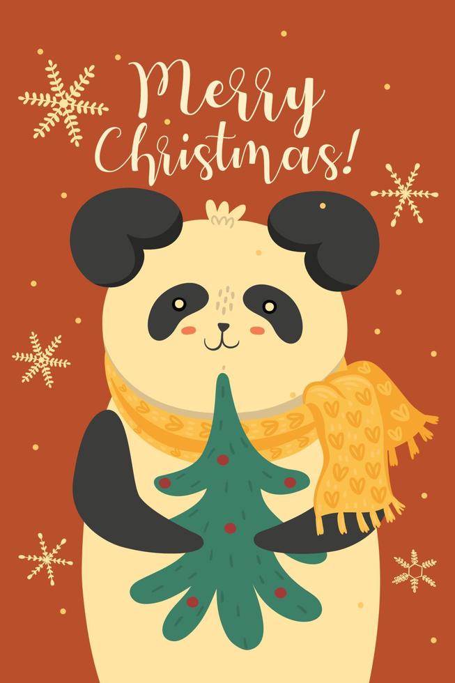 Greeting card with cute Christmas panda. Vector graphics.