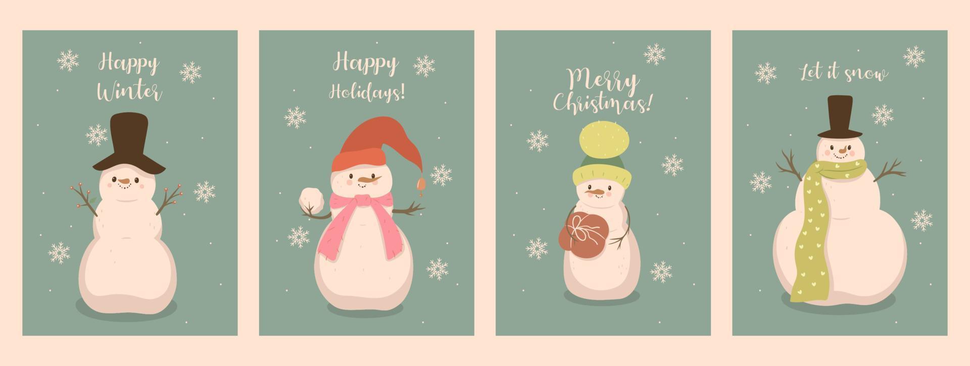 Set of Christmas cards with cute snowmen. Vector graphics.