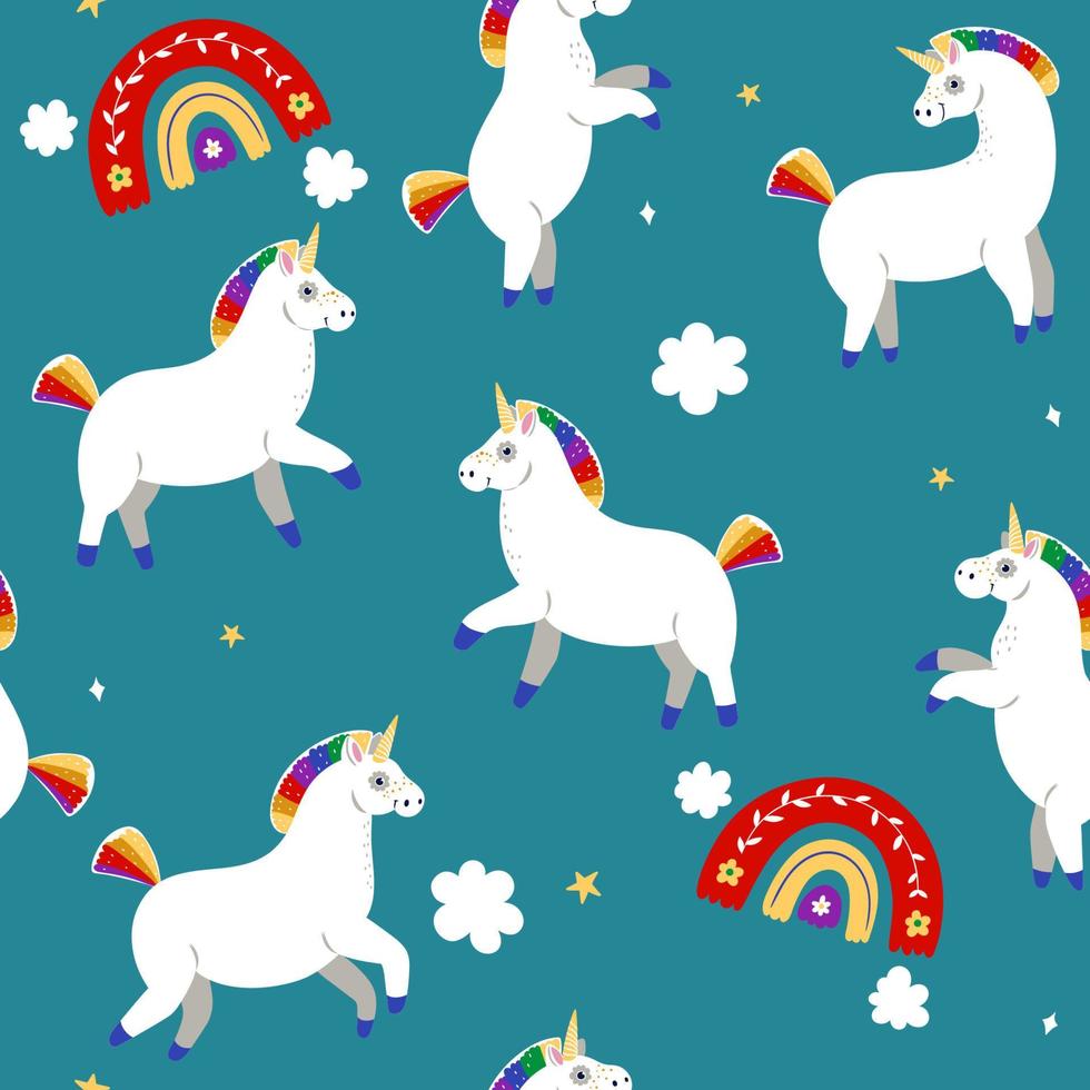 Seamless pattern with unicorns and rainbows. Vector graphics.