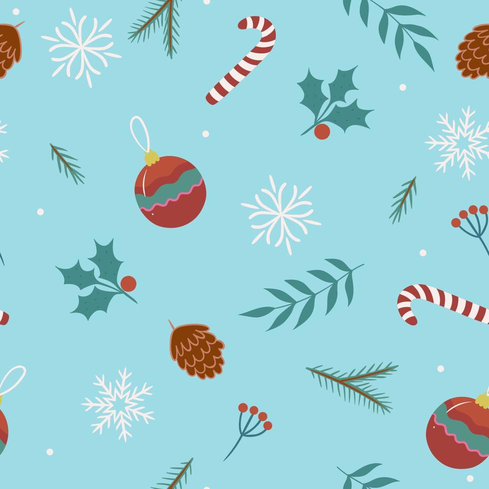 Christmas seamless pattern with twigs, snowflakes, sugar canes, pine cones and Christmas balls. Vector graphics.