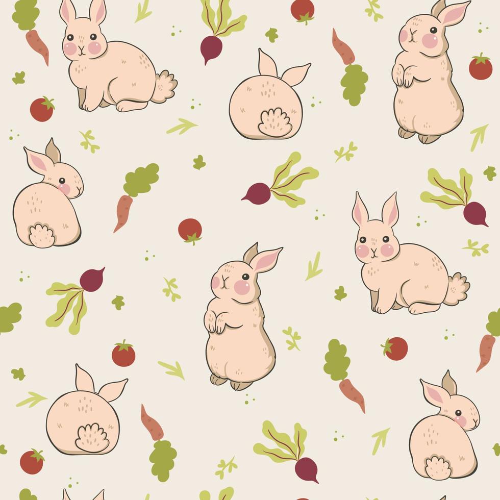 Seamless pattern with rabbits and vegetables. Vector graphics.