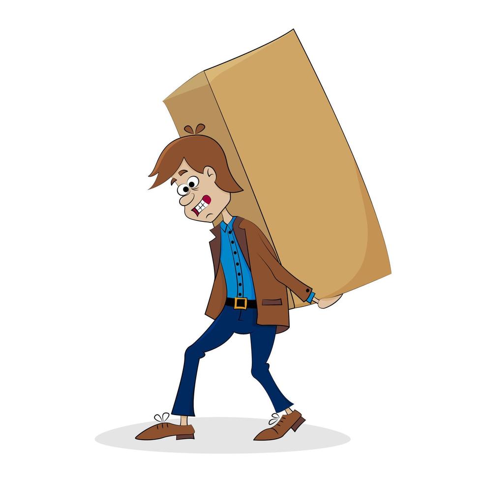 Discounts and sales. A man has made a big purchase. A man is carrying a heavy paper box. vector