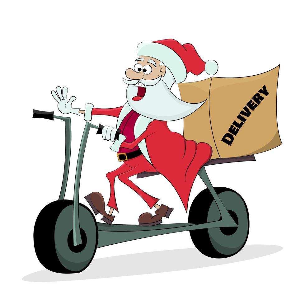 Jolly Santa Claus delivers a parcel on a scooter. The concept of fast modern delivery. Christmas vector illustration.