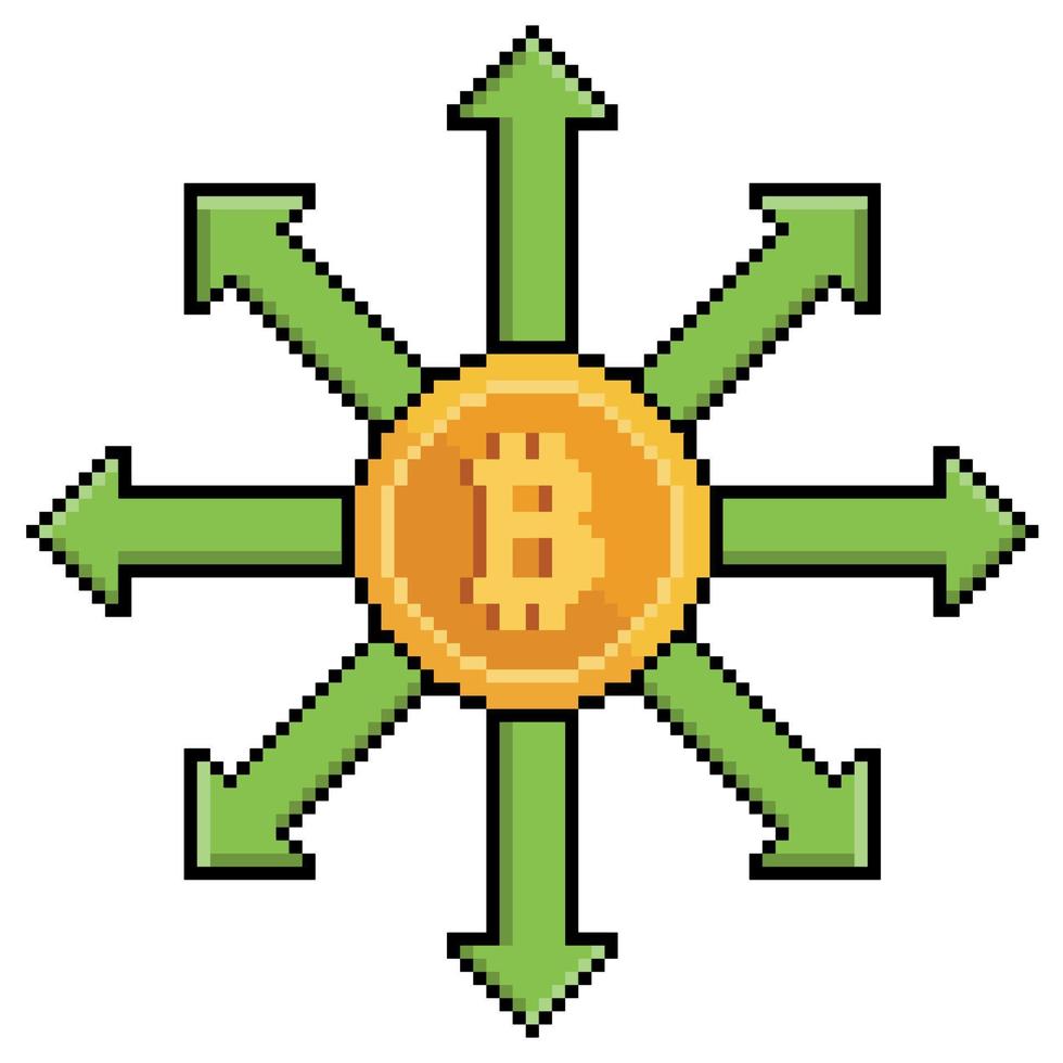 Pixel art bitcoin with direction arrows, bitcoin expansion vector icon for 8bit game on white background