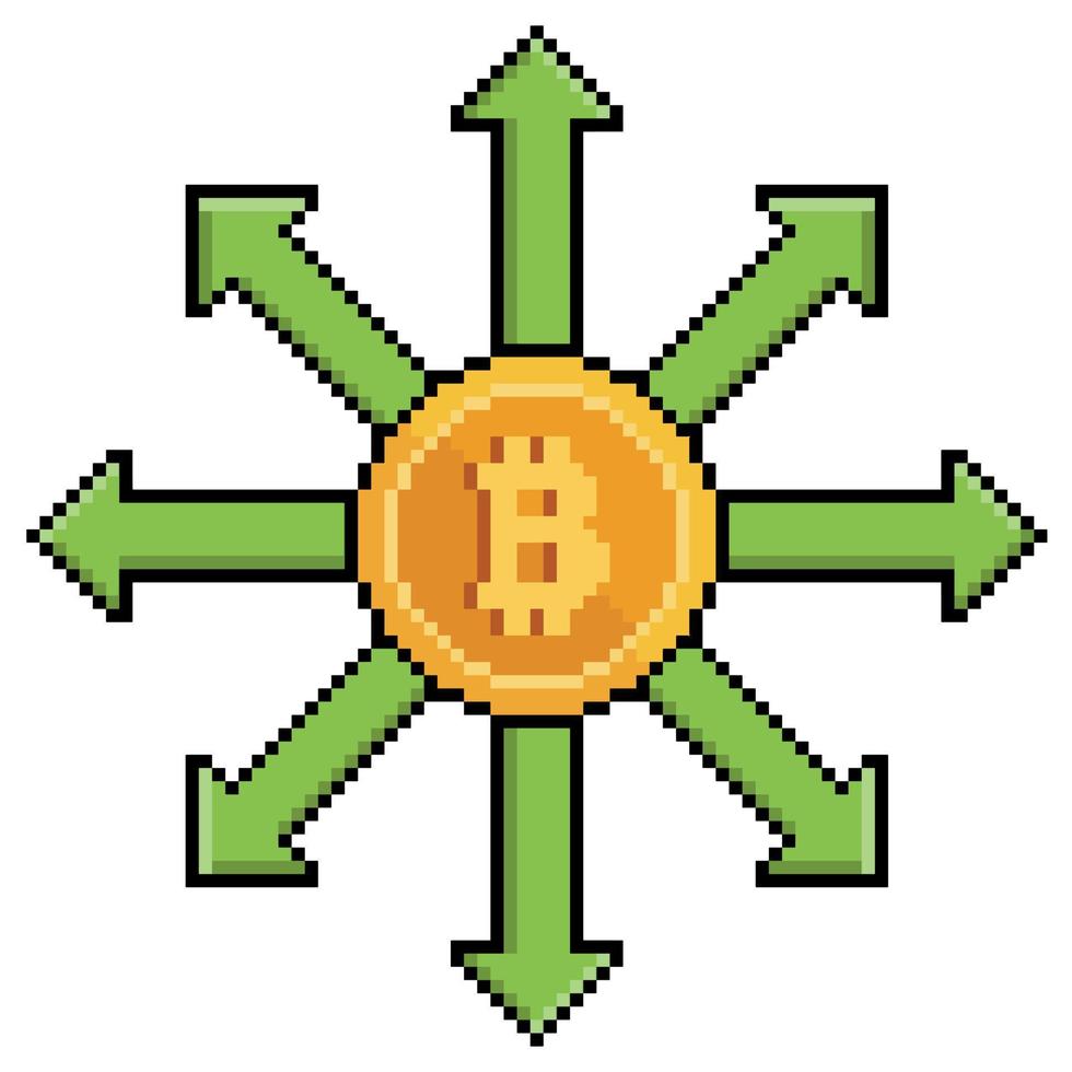 Pixel art bitcoin with direction arrows, bitcoin expansion vector icon for 8bit game on white background