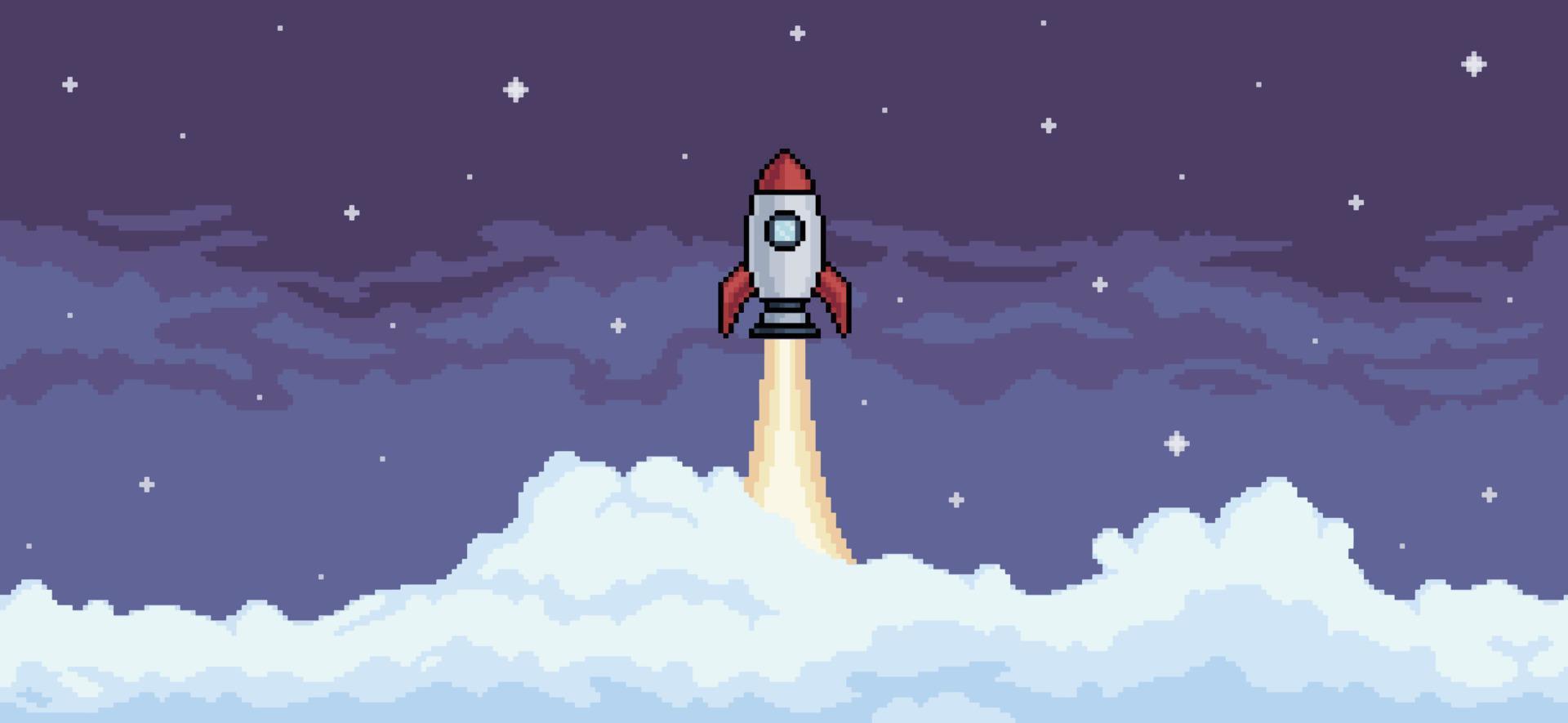 fondo de arte de píxeles con cohete volando en el cielo nocturno con vector de fondo de nubes para juego de 8 bits