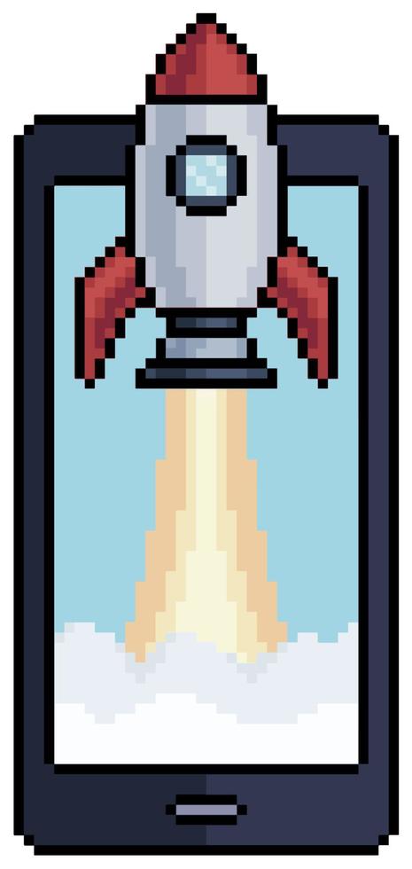 Pixel art mobile phone with rocket on screen, cell phone vector icon for 8bit game on white background