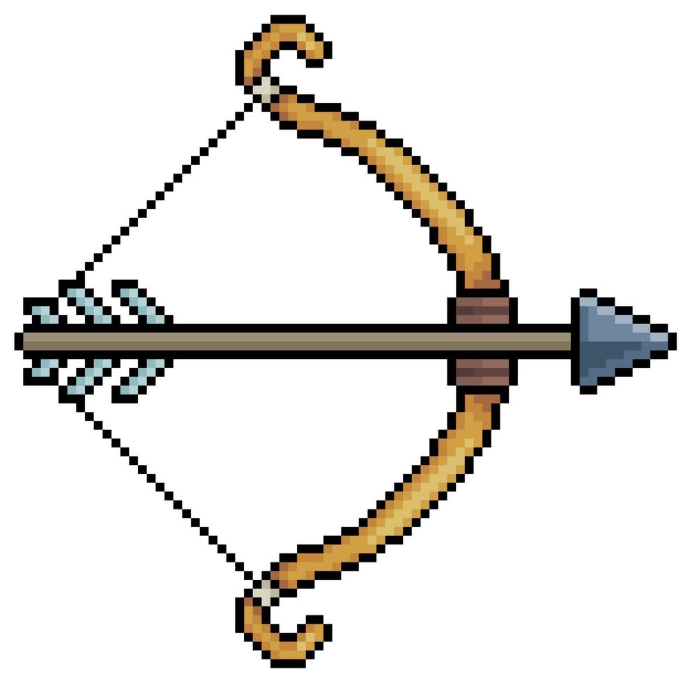 Pixel art archer bow and arrow vector icon for 8bit game on white background