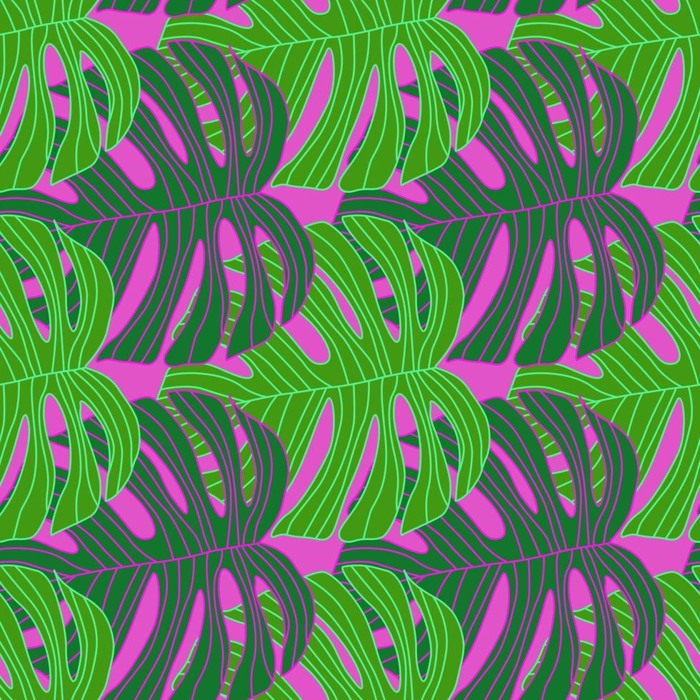 Contoured outline monstera silhouettes seamless pattern. Palm leaves endless background. Botanical wallpaper. vector