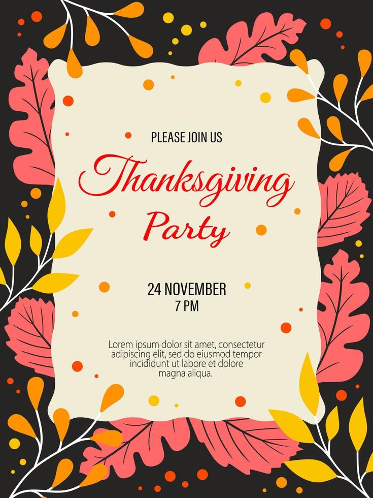 Happy Thanksgiving template with leaves. Seasonal abstract design for invitations, greeting cards, posters, brochures. Thanksgiving dinner, harvest festival. Vector illustration