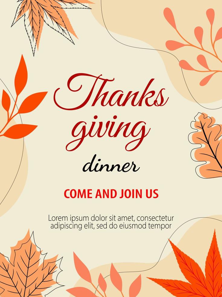 Happy Thanksgiving template with leaves. Seasonal abstract design for invitations, greeting cards, posters, brochures. Thanksgiving dinner, harvest festival. Vector illustration