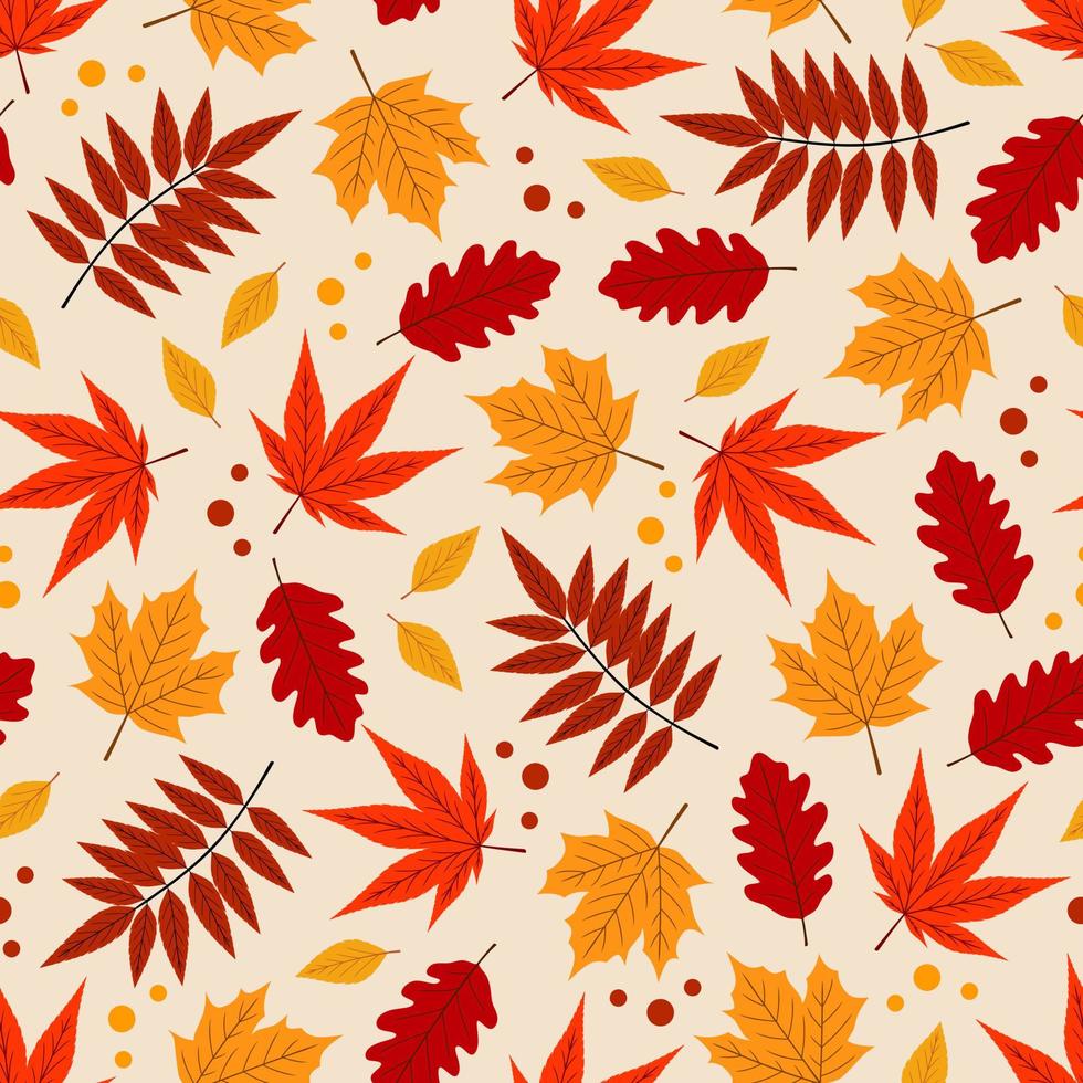 Vector autumn seamless pattern with maple, rowan and oak leaves. Seasonal wallpaper decoration. Repeated flat texture designs can be used for web design, printed on fabric or paper