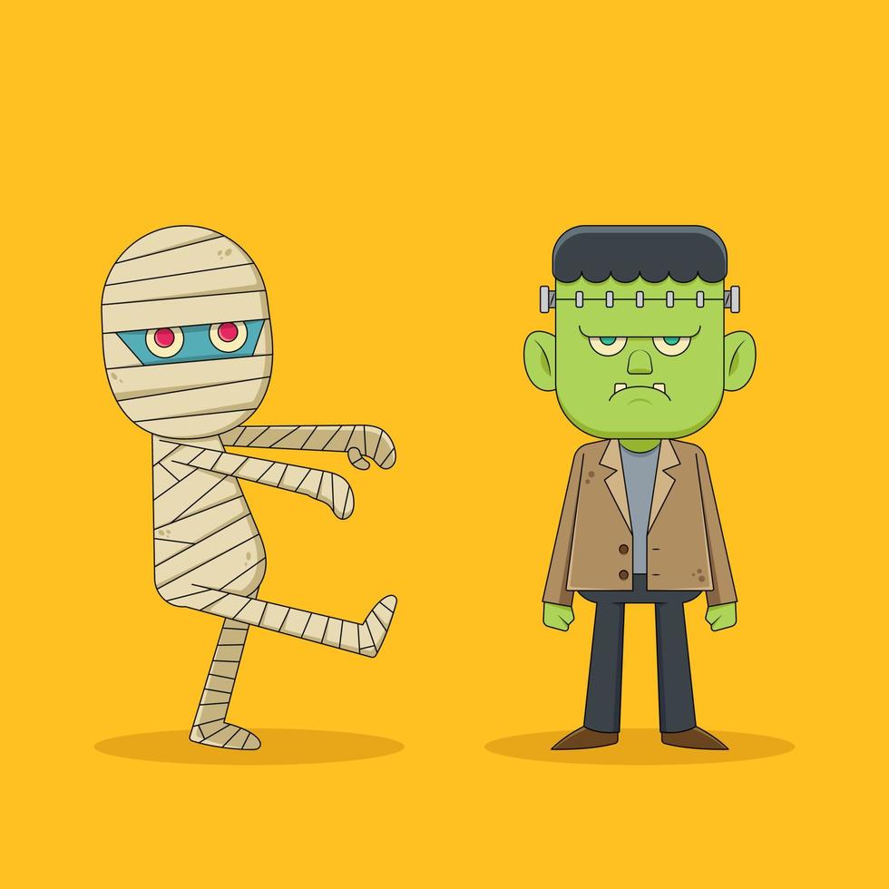 ilustración vectorial de una celebración de halloween con el concepto de lindos personajes de dibujos animados, momia divertida y frankenstein aburridos vector