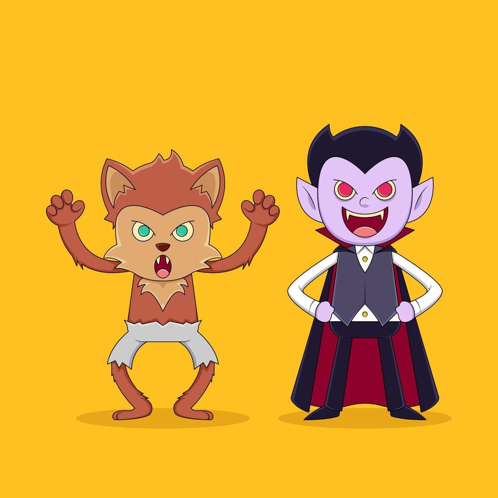 Vector illustration of a halloween celebration with the concept of cute cartoon characters dracula and werewolves