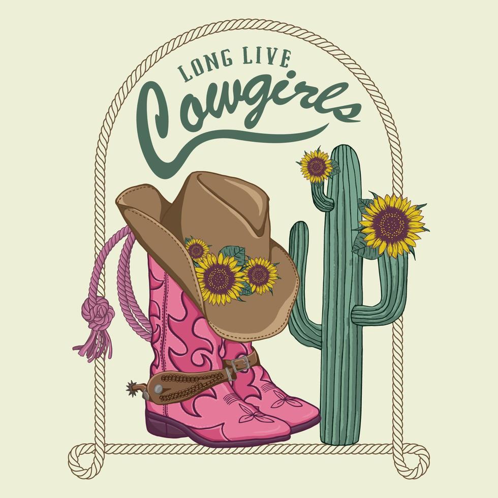 cowgirl boots and western hat. Cactus with Sunflower Sunset .T-shirt or poster design of Long Live Cowgirls. Cowgirl boots with western Hat and rope. vector
