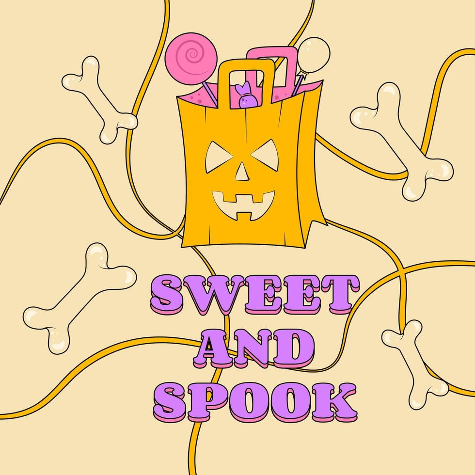 Groovy Style Poster Sweet and Spook for Halloween Holiday Package with Treats and Sweets Flying Bones vector