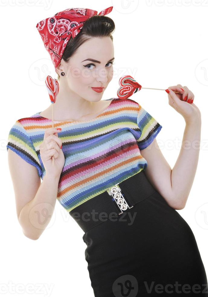 happy woman with lollipop isolated on white photo
