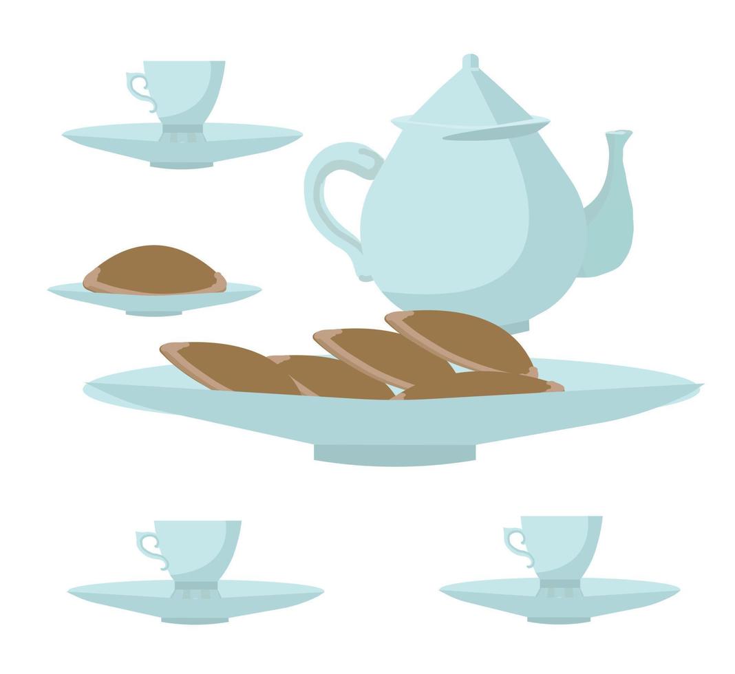 Tea utensils and fresh pastries. The concept of a cozy tea party with family and friends. Vector illustration isolated on white background.