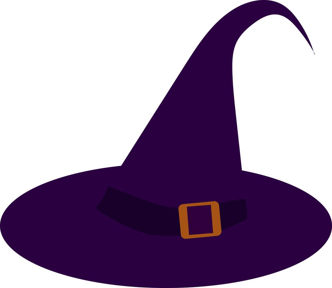 Purple witch hat with gold buckle. Vector illustration isolated on white background.