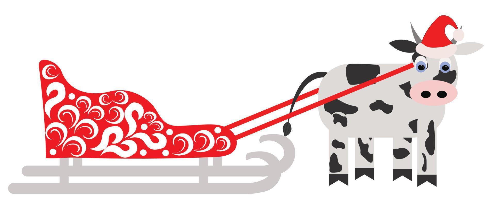 A cute calf harnessed to Santa's sleigh. in cartoon style. Vector illustration isolated on white background.