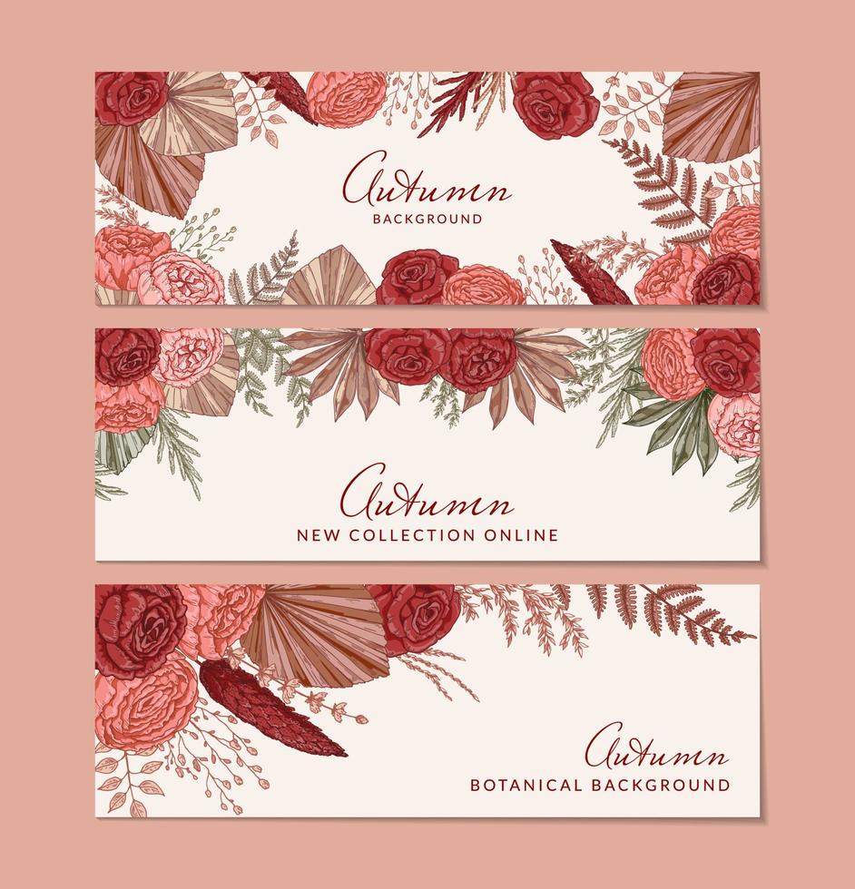 Set of autumn horizontal banners with modern floral elements. Hand drawn botanical vector illustration. Space for text