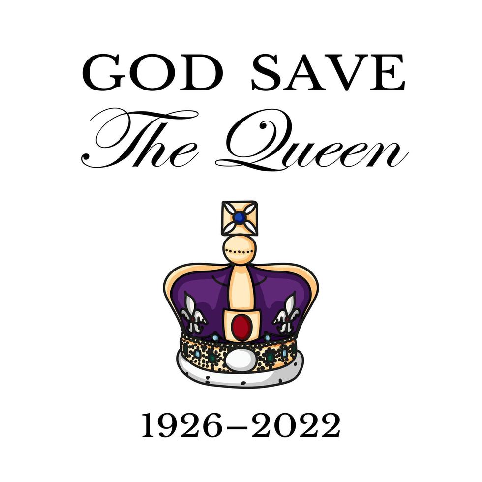 The Queen's death. RIP, God save the Queen.  Rest in peace poster with silhouette of Queen Elizabeth on flag background. Vector illustration for Her Majesty on her 96 years
