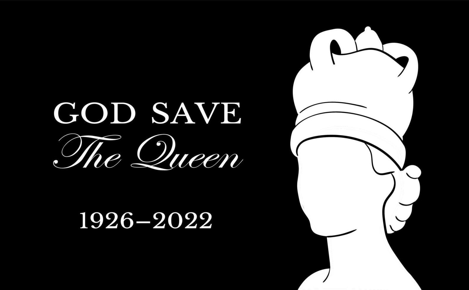 The Queen's death. RIP, God save the Queen.  Rest in peace poster with silhouette of Queen Elizabeth on flag background. Vector illustration for Her Majesty on her 96 years