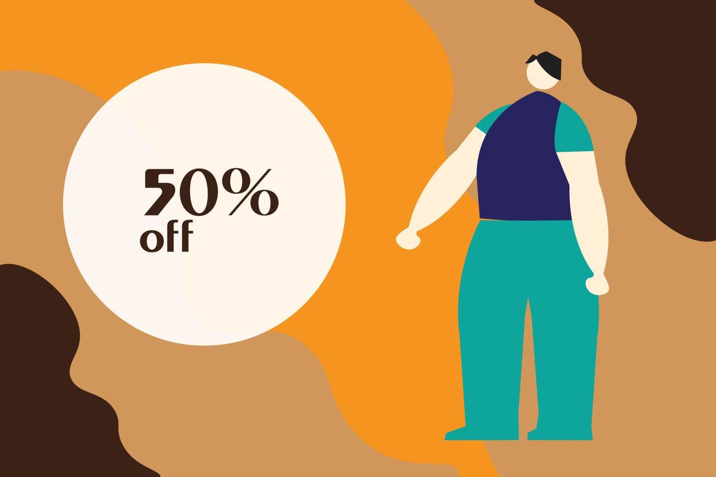 Illustration flat characters customers on 50 off sales, shopping concept. vector