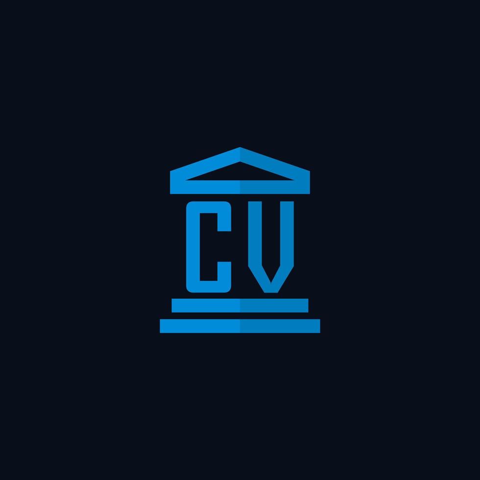monograma del logotipo inicial cv con vector de diseño de icono de edificio de juzgado simple