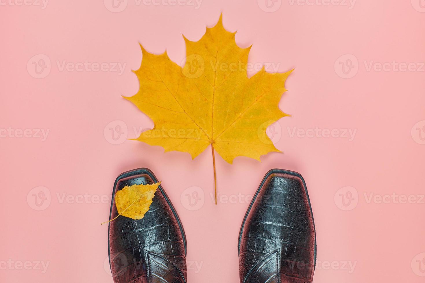 Autumn waterproof woman shoes with rain drops, copy space photo