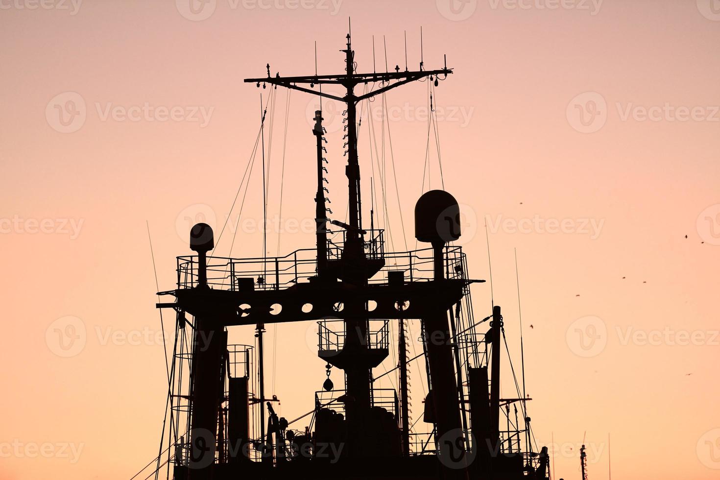 Silhouettes of ships and container cranes in sea port photo
