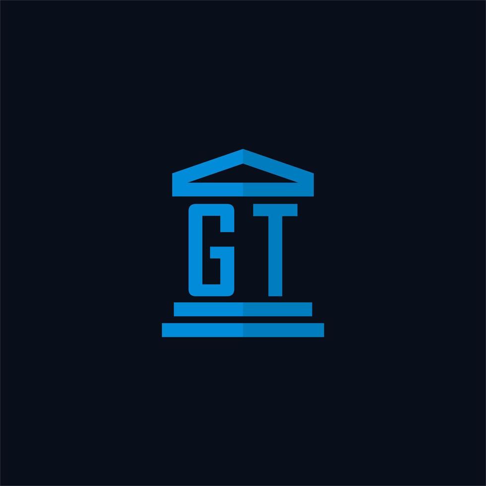 monograma del logotipo inicial de gt con vector de diseño de icono de edificio de juzgado simple