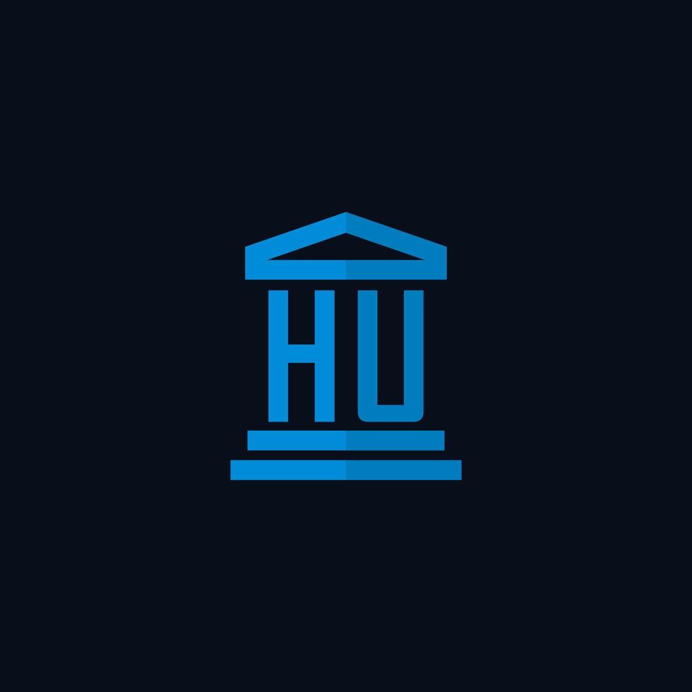 monograma del logotipo inicial de hu con vector de diseño de icono de edificio de juzgado simple