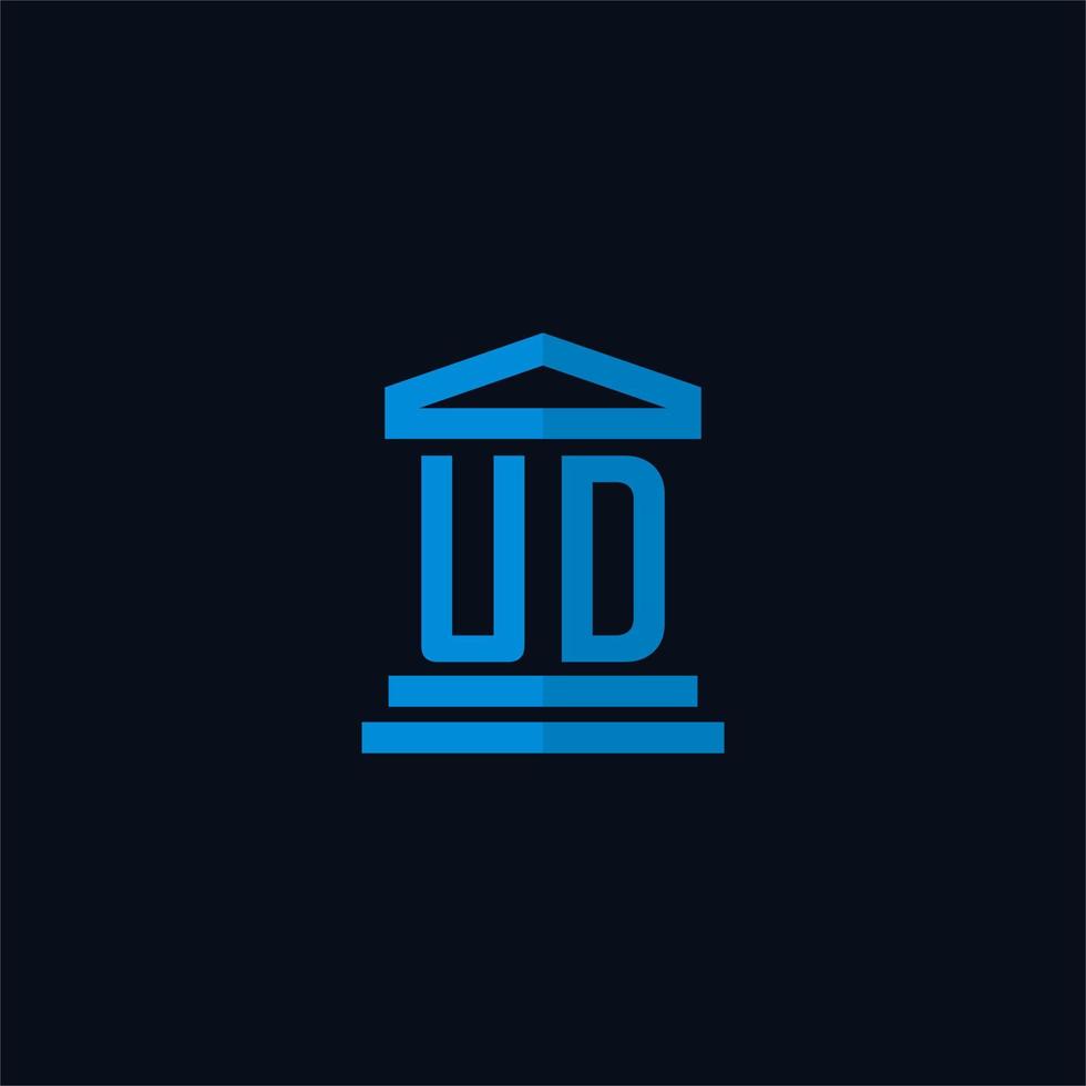 monograma de logotipo inicial ud con vector de diseño de icono de edificio de juzgado simple