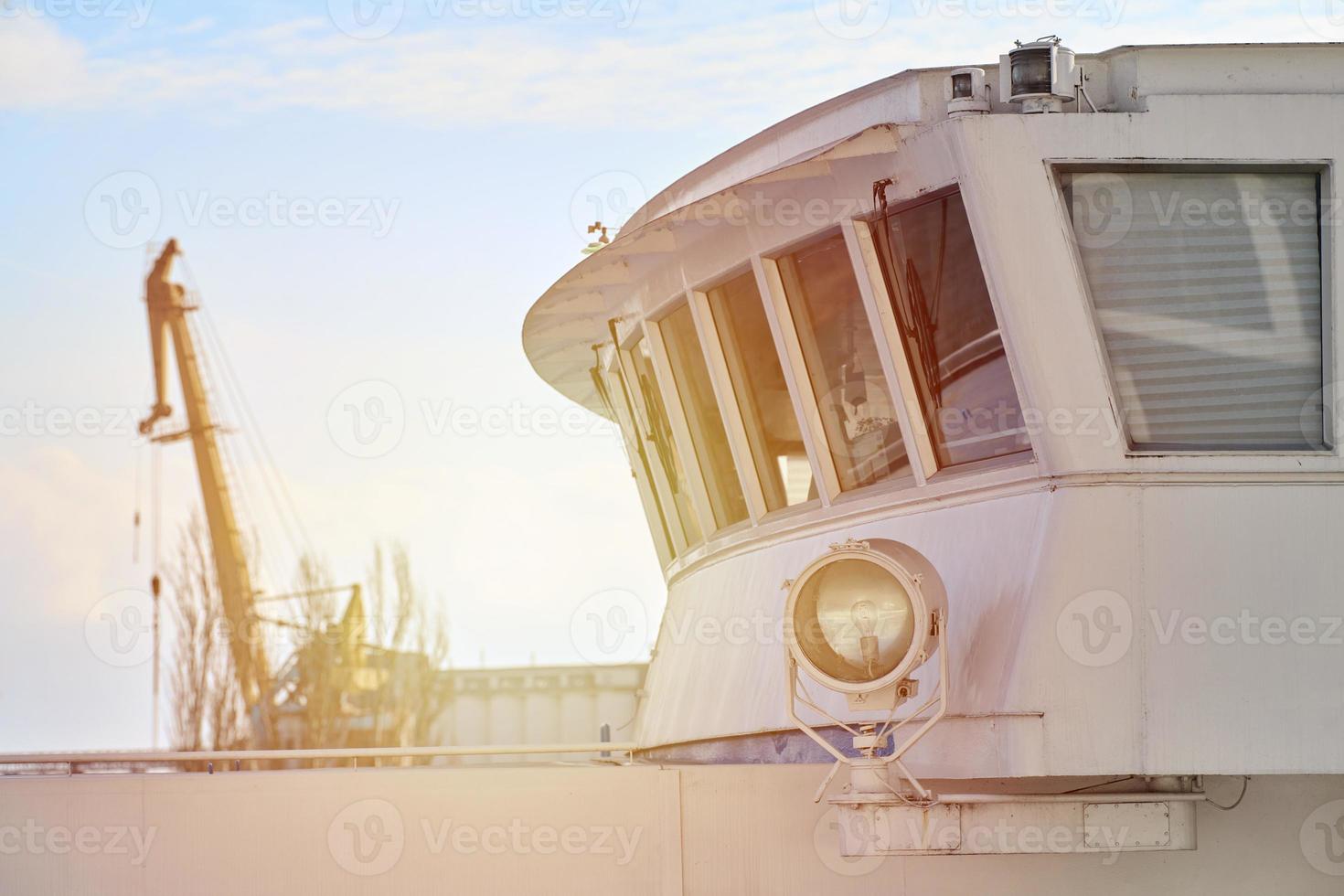 Ship bridge of captain exterior, room of able seaman for ship control by helmsmen photo