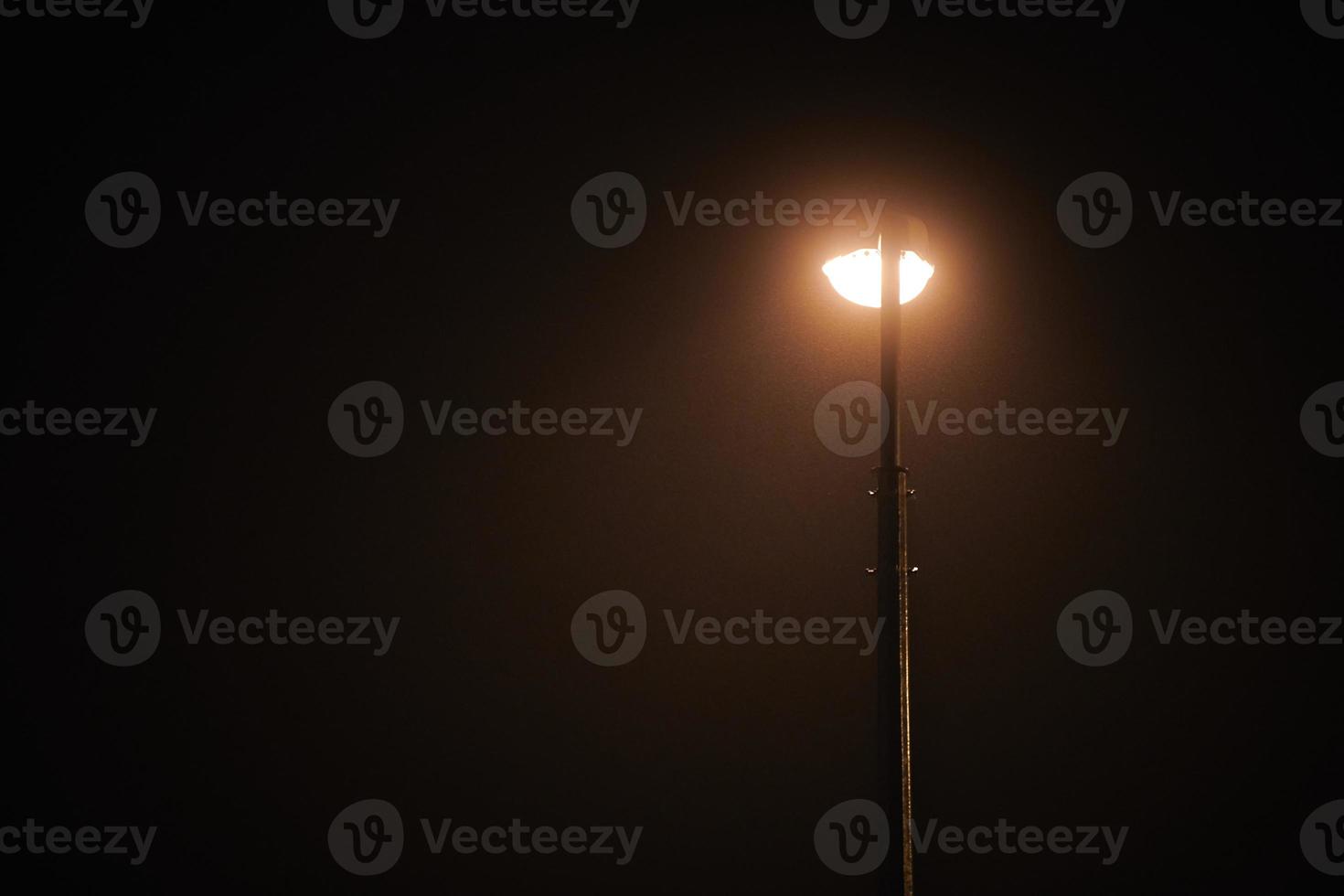 One night lamppost shines with faint mysterious yellow light through evening fog, left copy space photo