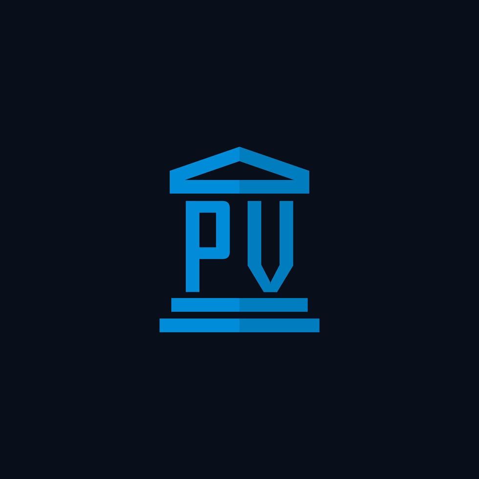 PV initial logo monogram with simple courthouse building icon design vector