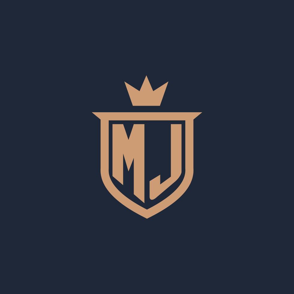 logotipo inicial del monograma mj con estilo escudo y corona vector