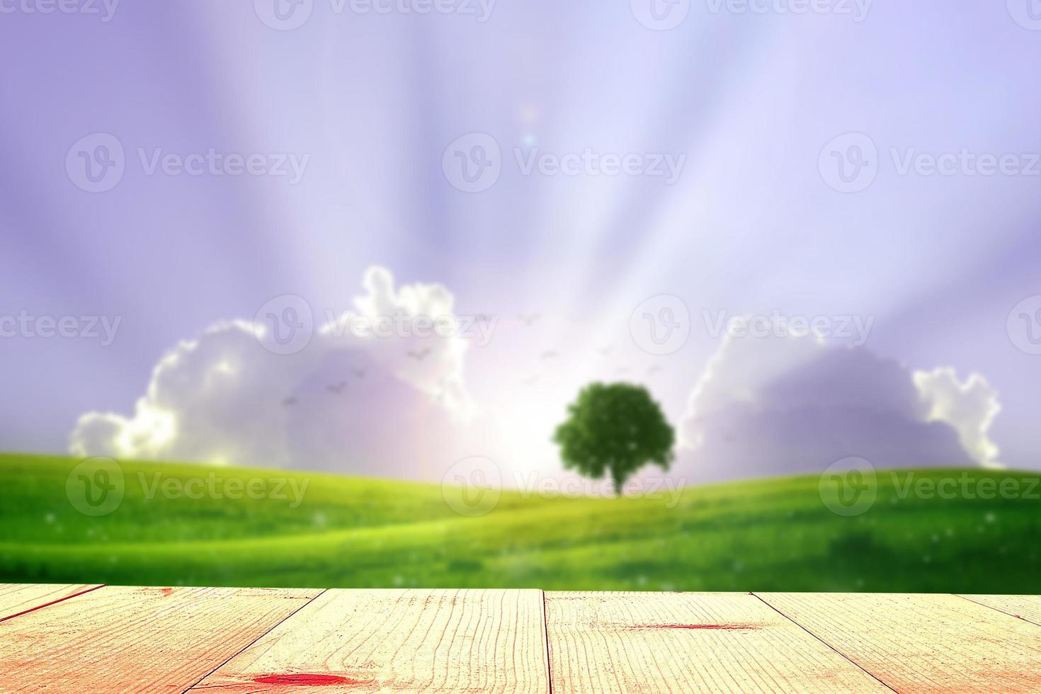 wooden table and green hill at sunrise photo