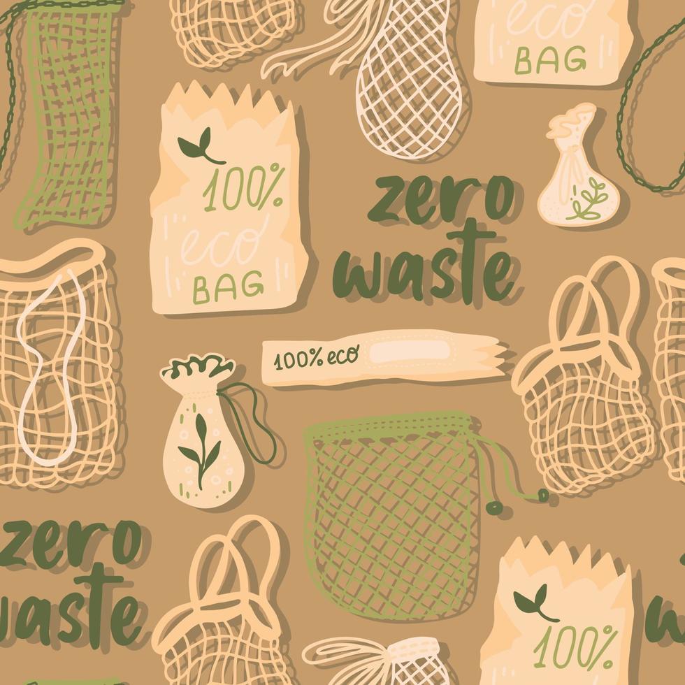 Mesh or mesh shopping bags for eco friendly living vector seamless pattern. Fashion buyer of the Vegan Zero Waste concept. Colorful hand drawn vector illustration for banner, postcard, poster.