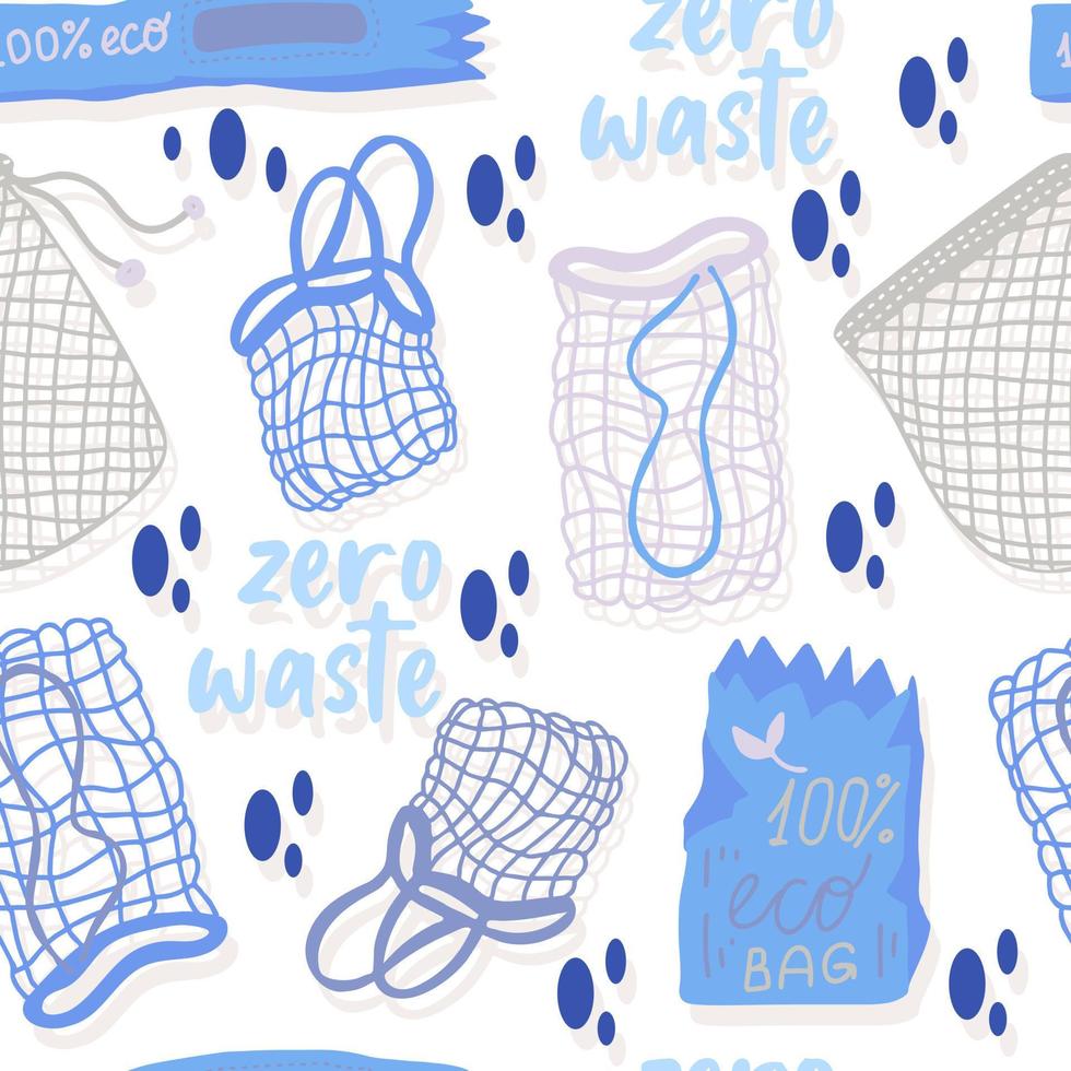 Mesh or mesh shopping bags for eco friendly living vector seamless pattern. Fashion buyer of the Vegan Zero Waste concept. Colorful hand drawn vector illustration for banner, postcard, poster.